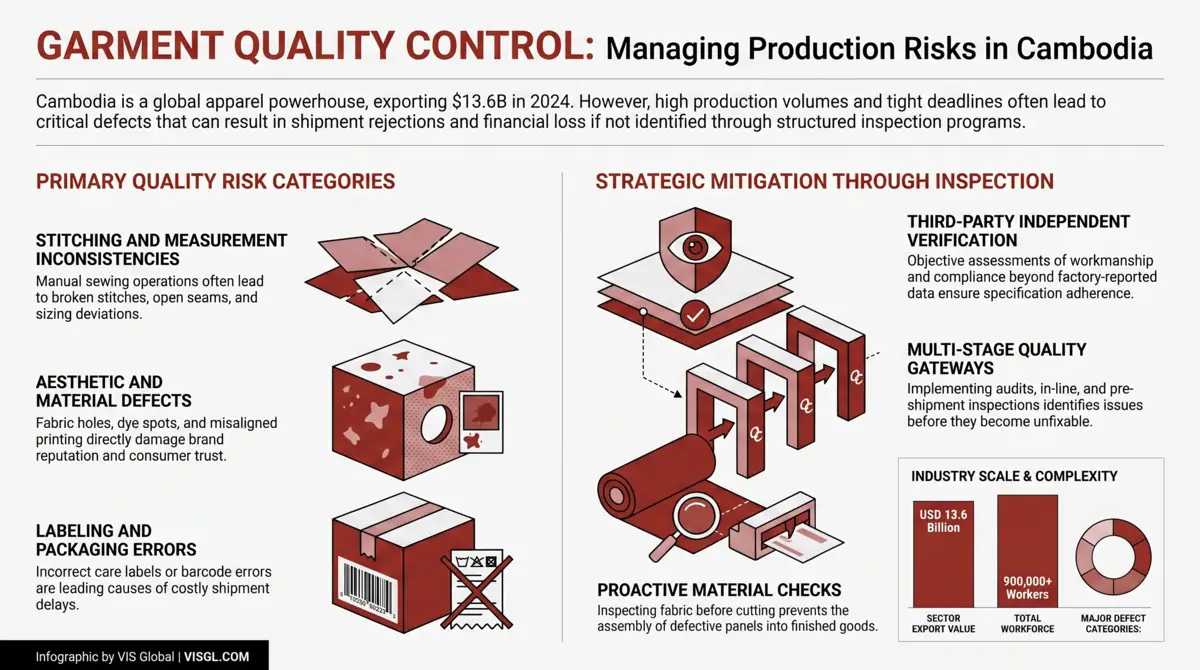 infographic Garment_Quality_Control_in_Cambodia by vis global: stitching defects, measurement inconsistencies, fabric flaws, printing errors, labeling mistakes, and color variations.